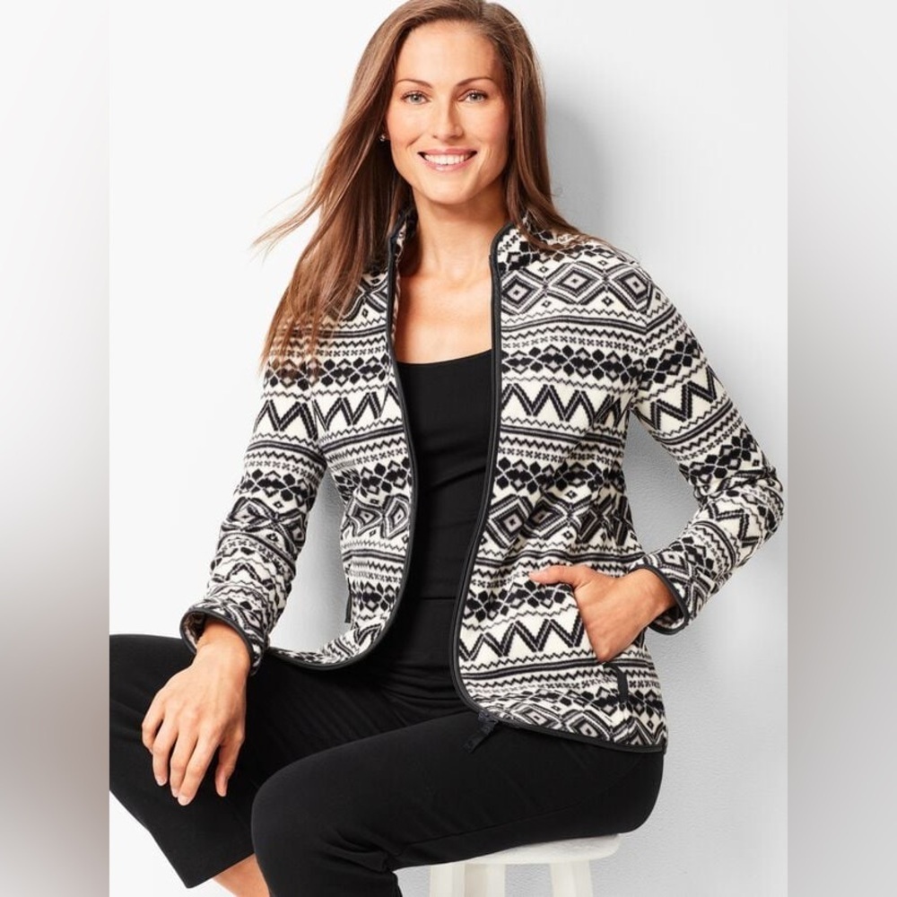 Talbots Womens 2X Black White Fair Isle Fleece Zip Jacket Geometric Nordic New - Picture 12 of 13